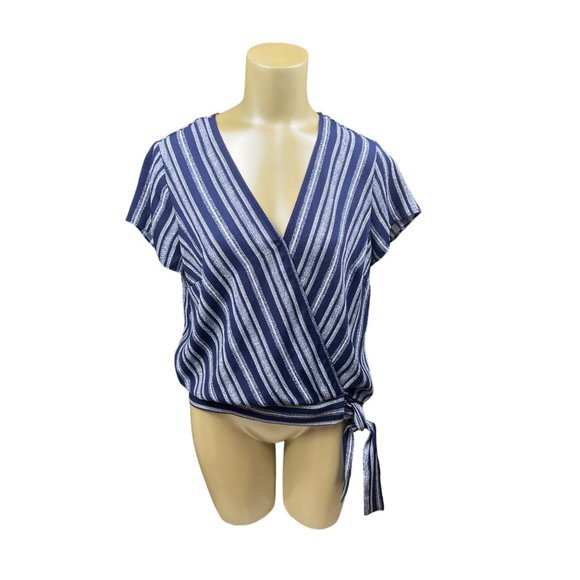 Fortune and ivy Tops - Fortune and Ivy medium wrap tie v neck blouse white blue stripe
